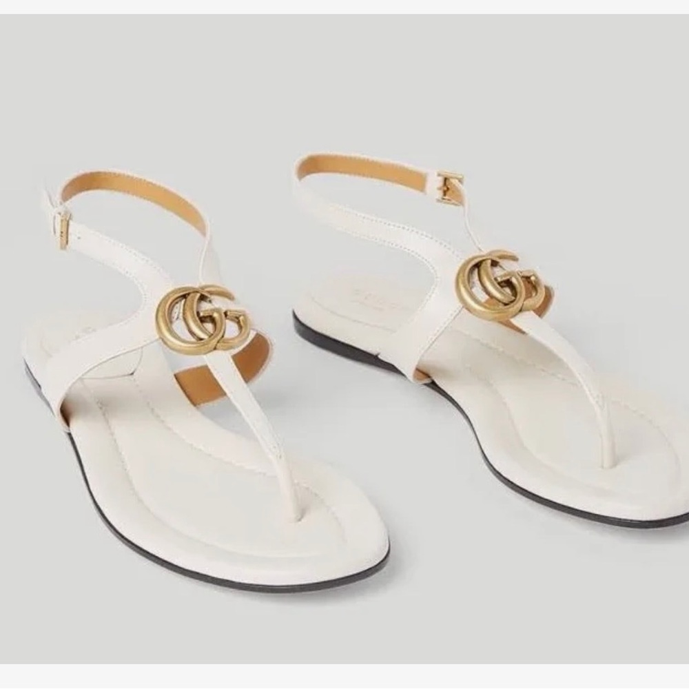 GUCCI Marmont GG Leather Sandals Thong Mystic White Sz 39, US 9